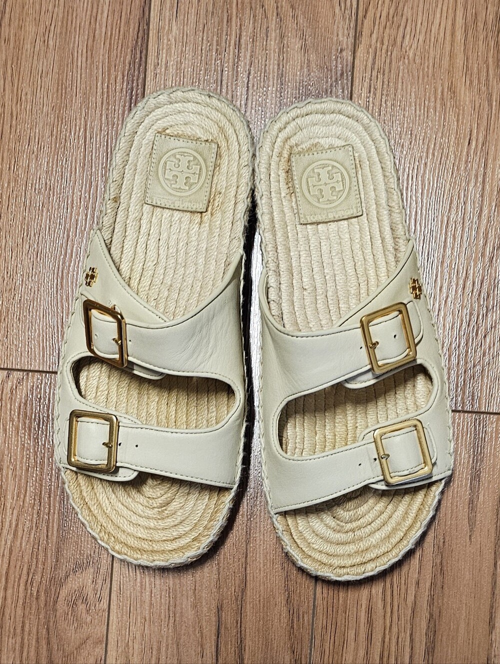Tory Burch Cream Leather Double-Buckle Espadrille Slides,  Size 7.5